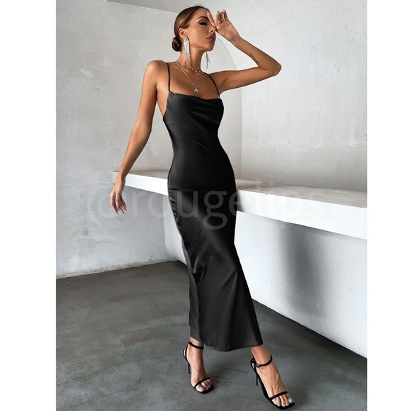 Black Satin Dress Midi Cowl Neck Back Ties - Picture 2 of 7